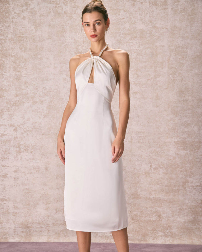The Apricot Pearl Halter Satin Midi Dress Reviews Apricot Dresses RIHOAS