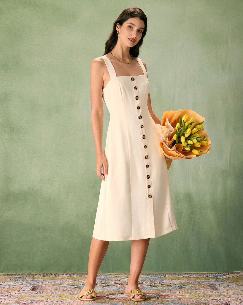 The Apricot Square Neck Button Midi Dress Dresses - RIHOAS