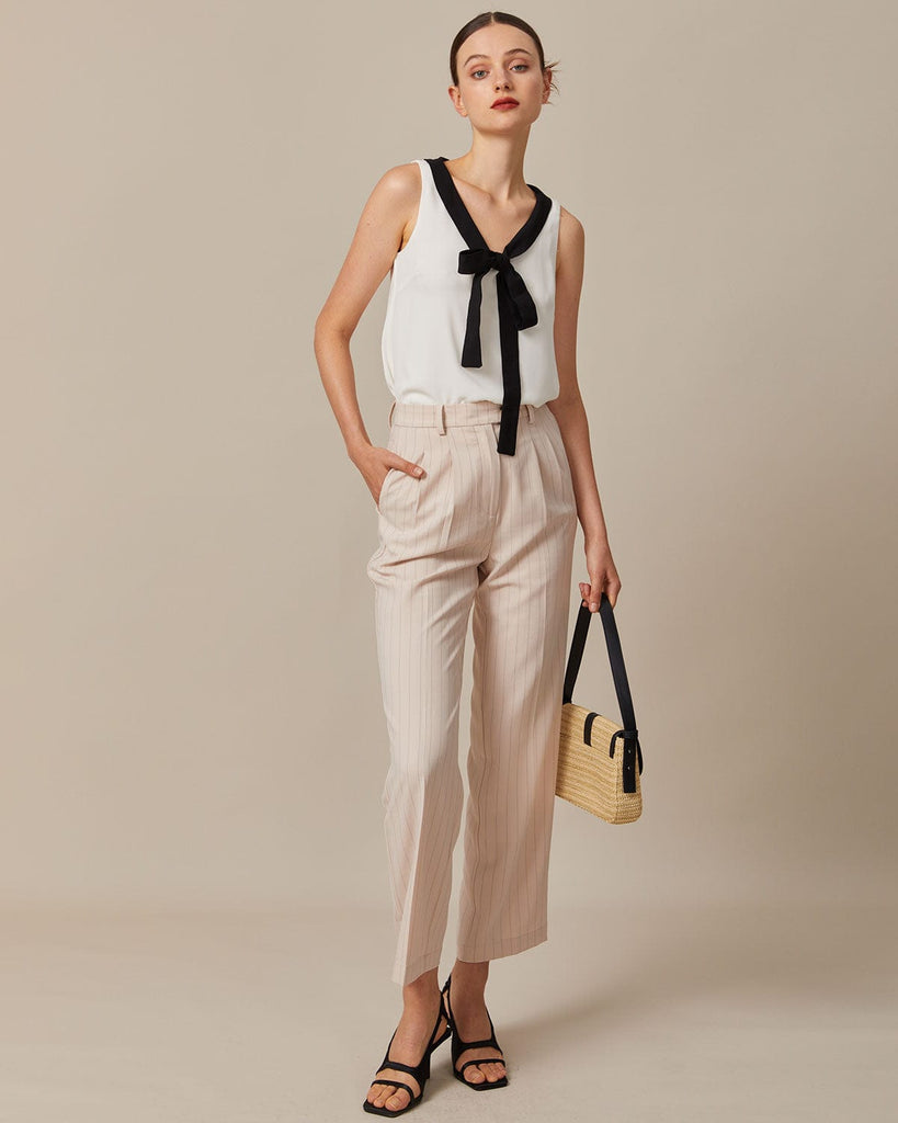 The Apricot Striped Pleated Pants Bottoms - RIHOAS