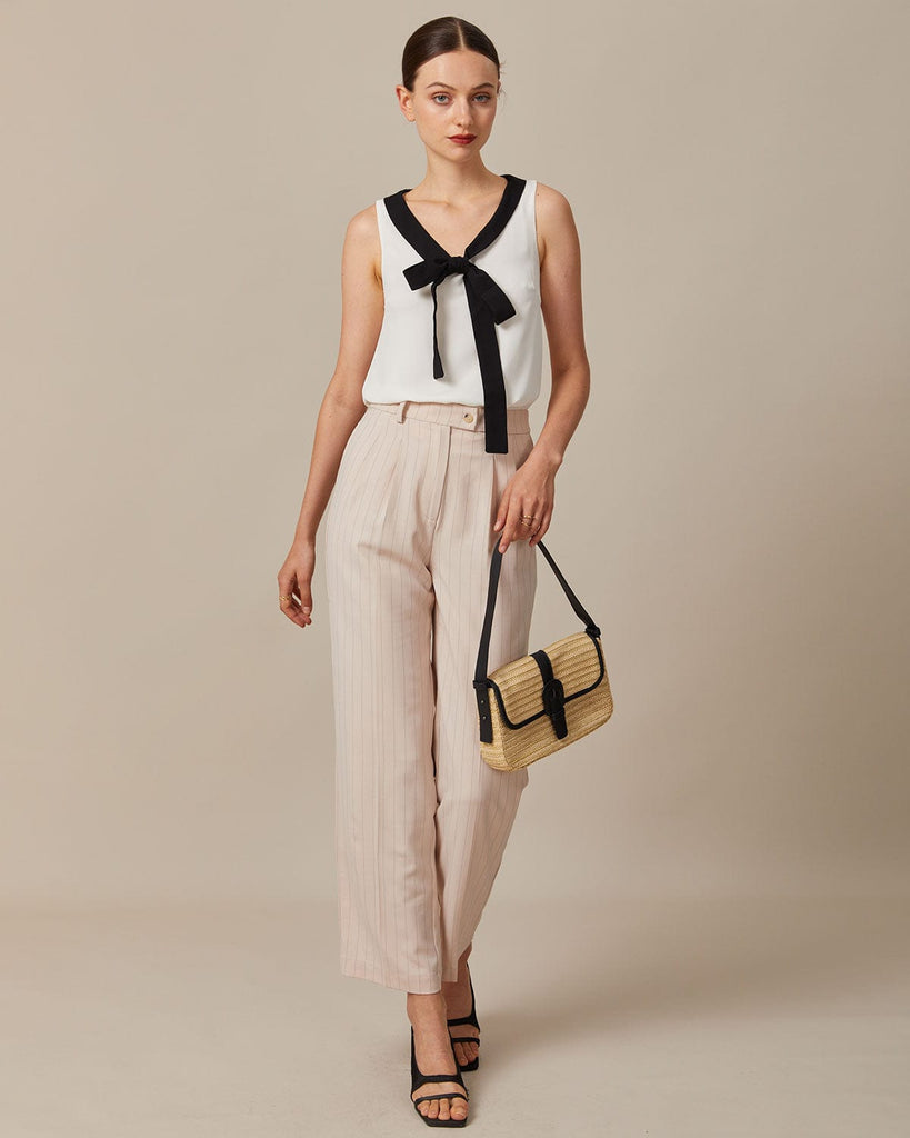 The Apricot Striped Pleated Pants Bottoms - RIHOAS