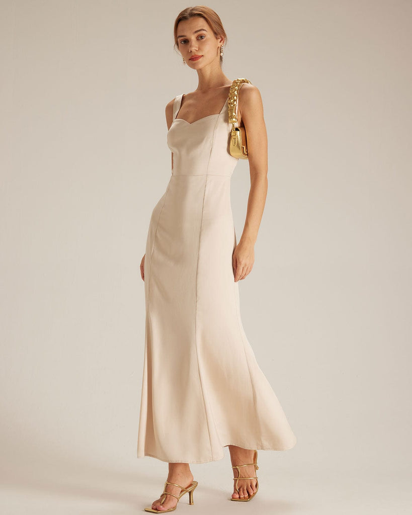The Apricot Sweetheart Neck Satin Maxi Dress Dresses - RIHOAS