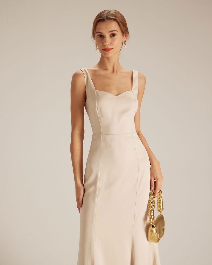 The Apricot Sweetheart Neck Satin Maxi Dress Dresses - RIHOAS