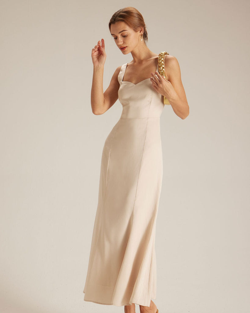The Apricot Sweetheart Neck Satin Maxi Dress Dresses - RIHOAS