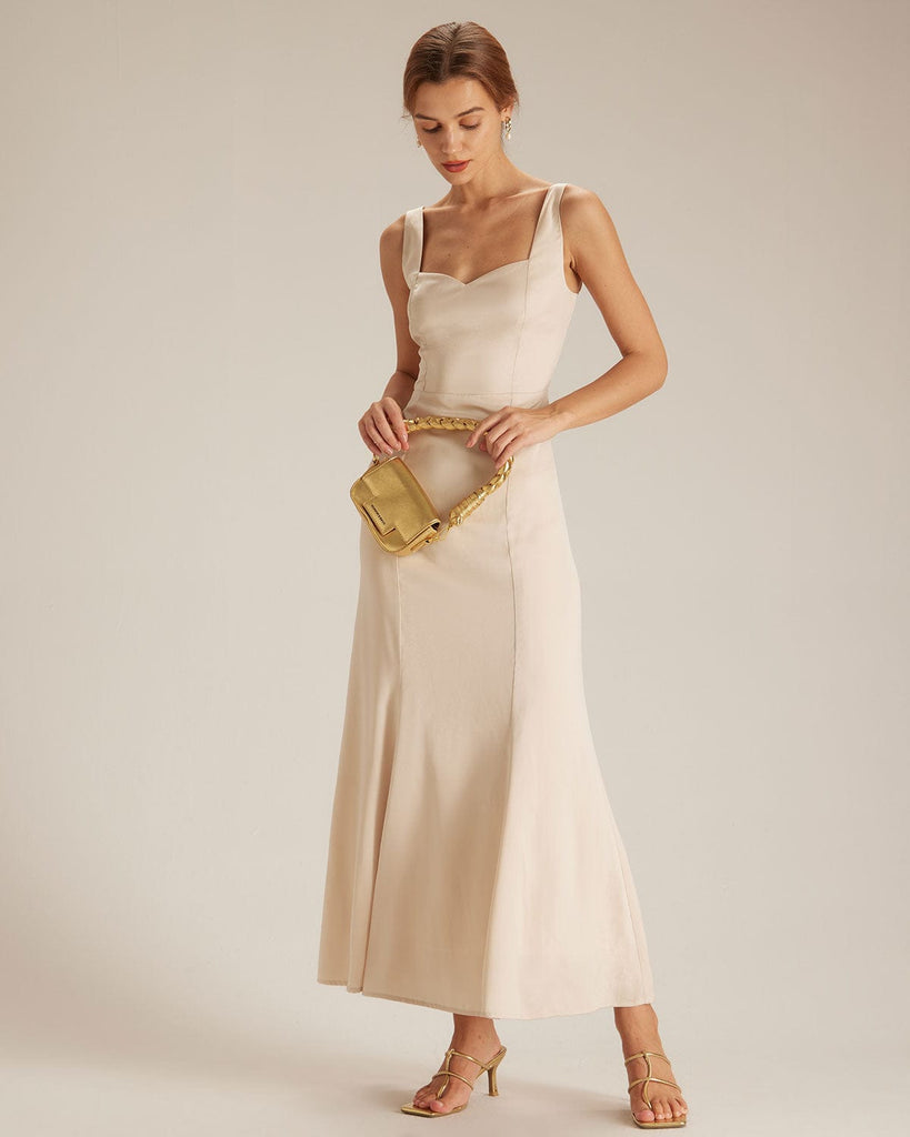 The Apricot Sweetheart Neck Satin Maxi Dress Dresses - RIHOAS