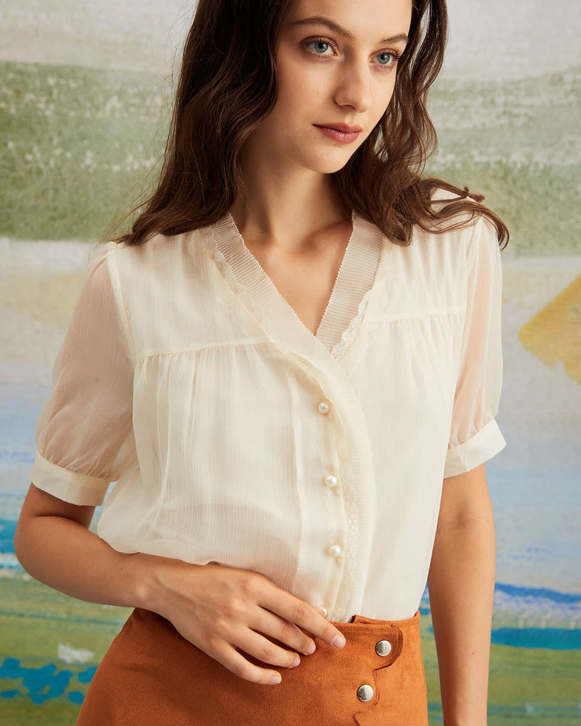 The Apricot V-Neck See Through Shirt Tops - RIHOAS