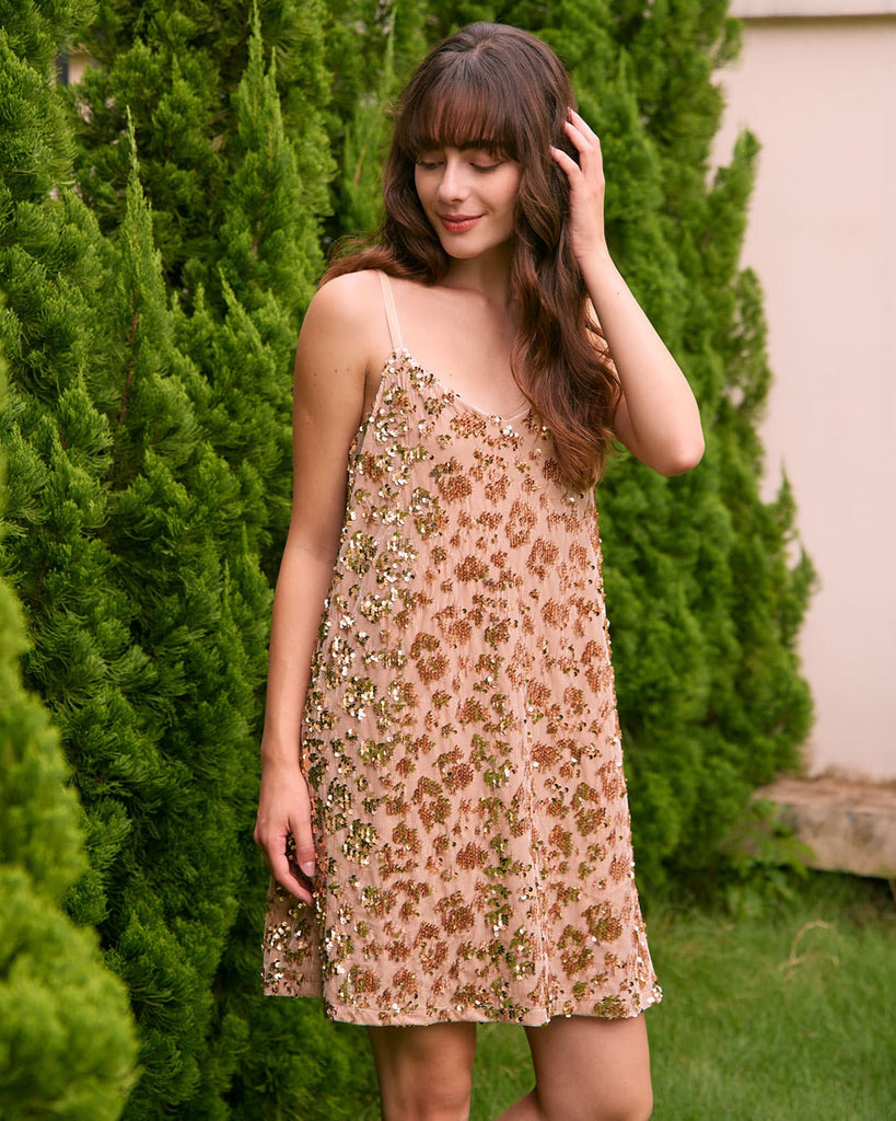 The Apricot V-Neck Sparkly Dress Apricot Dresses - RIHOAS