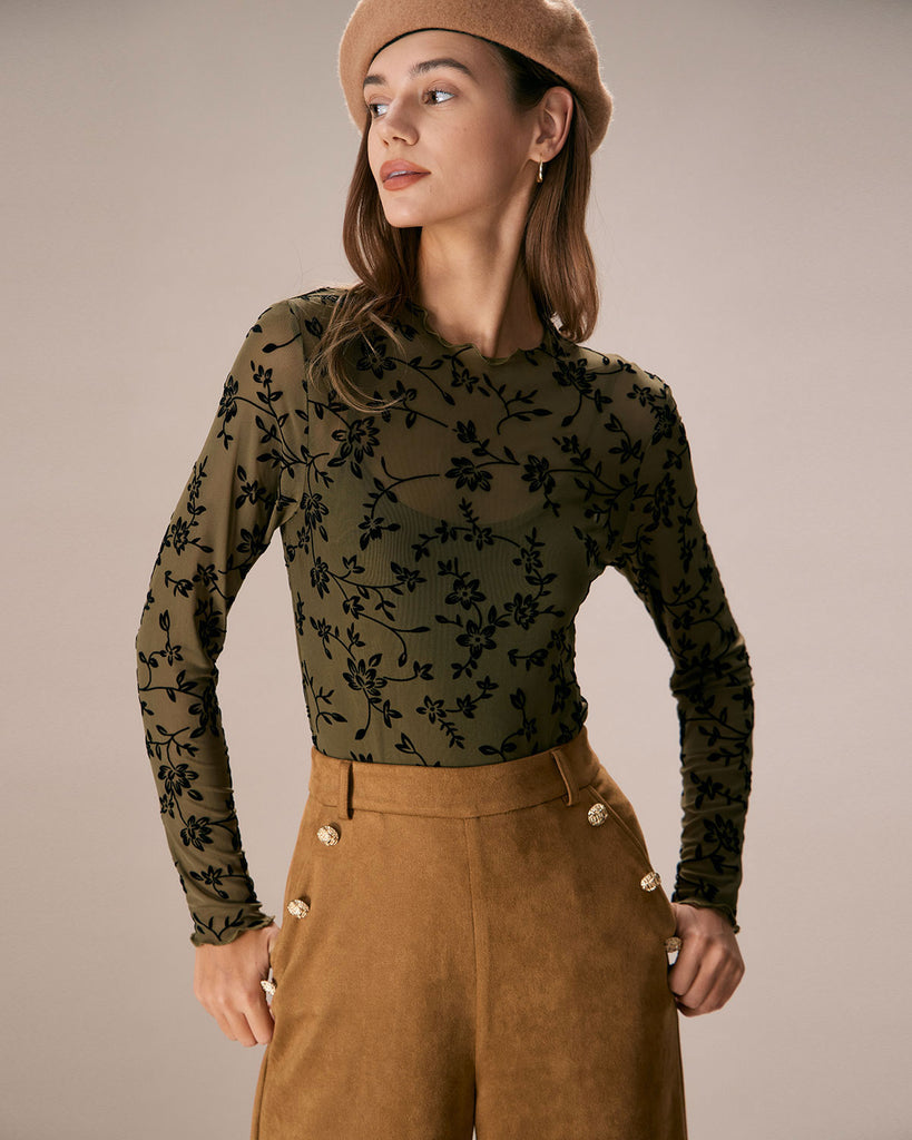 The Army Green Mesh Floral Blouse & Cami Top Army Green Tops - RIHOAS