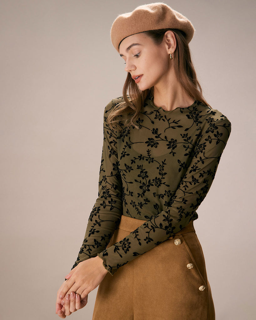The Army Green Mesh Floral Blouse & Cami Top Tops - RIHOAS