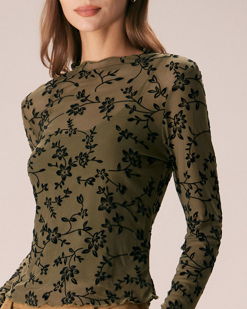 The Army Green Mesh Floral Blouse & Cami Top Tops - RIHOAS