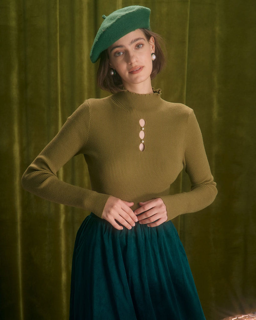 The Army Green Mock Neck Cutout Knit Top Army Green Tops - RIHOAS