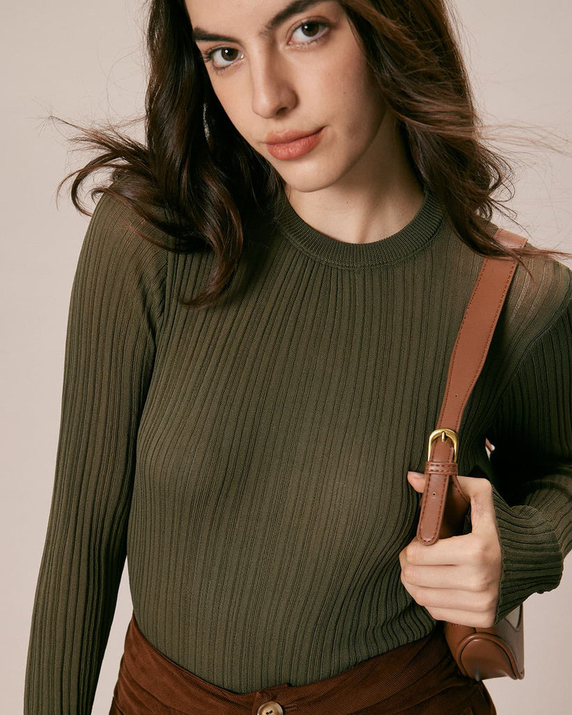 The Army Green Round Neck Solid Knit Top Tops - RIHOAS