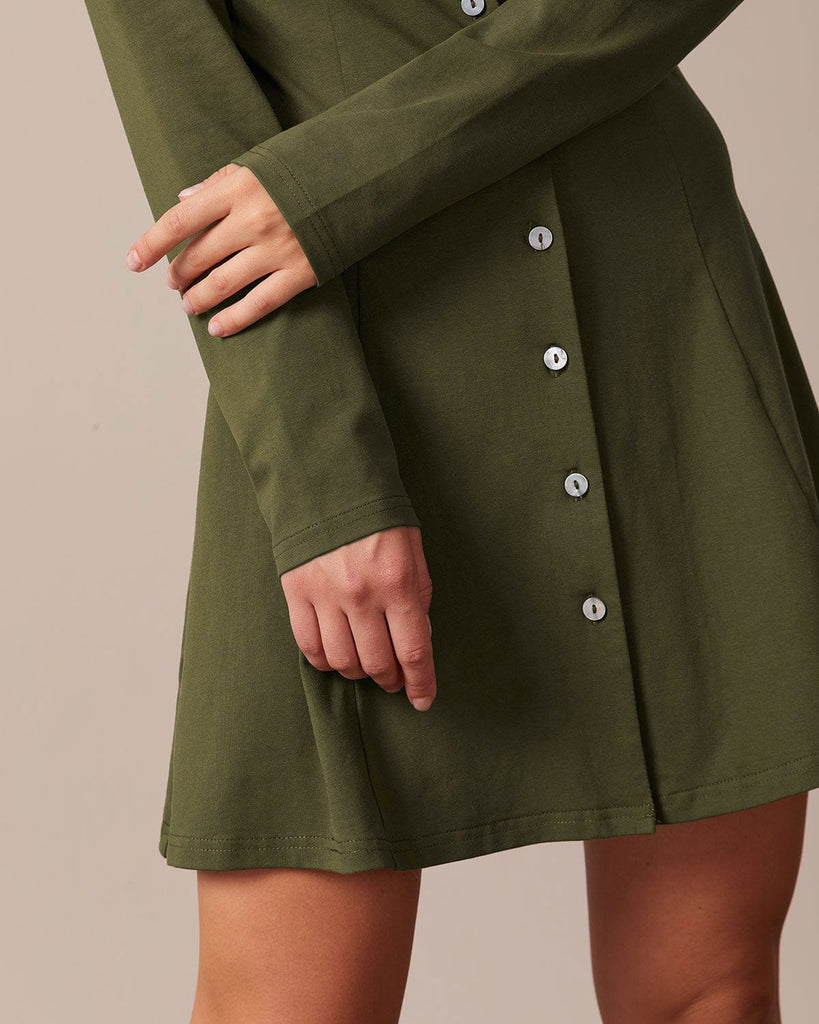 The Army Green Square Neck Button Mini Dress Dresses - RIHOAS