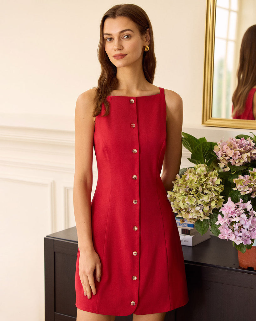 The Beige Boat Neck Button Mini Dress Red Dresses - RIHOAS