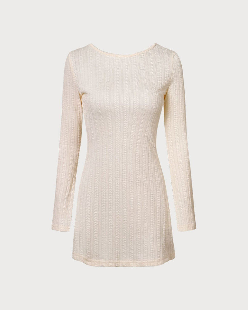 The Beige Boat Neck Knit Mini Dress Beige Dresses - RIHOAS