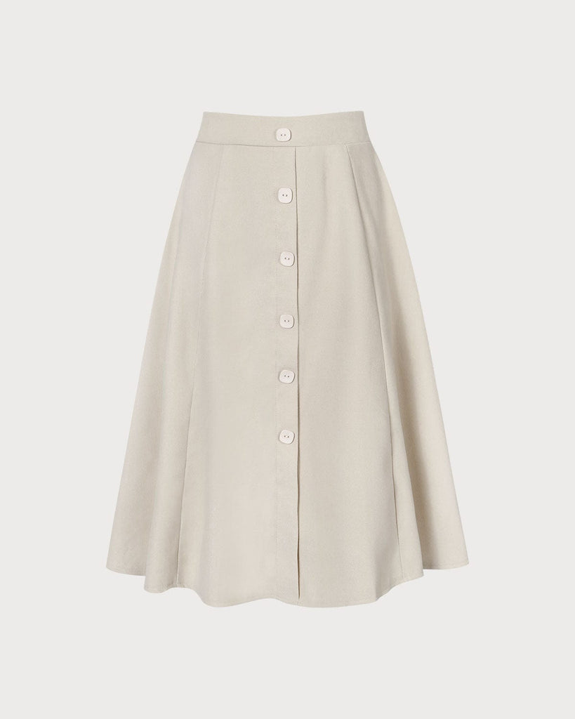 The Beige Elastic Waist Button Skirt Beige Bottoms - RIHOAS