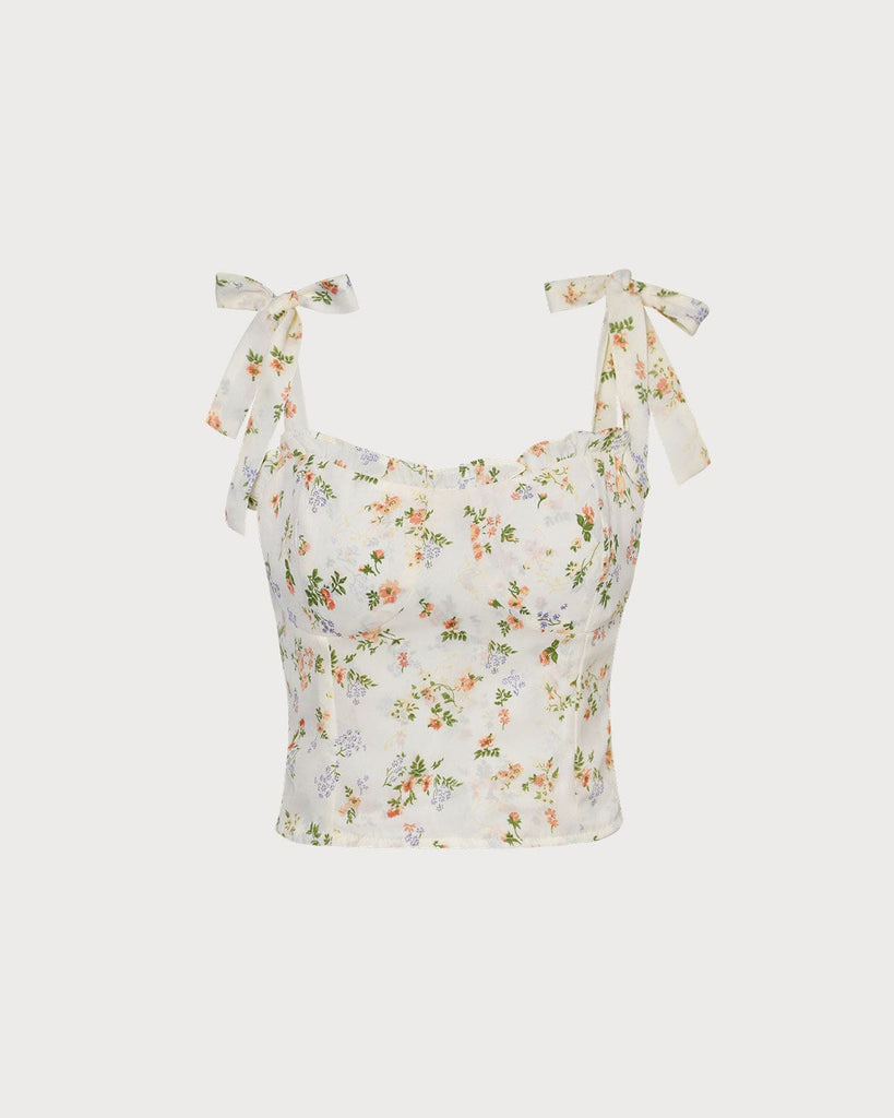 The Beige Floral Ruffle Trim Cami Top Beige Tops - RIHOAS
