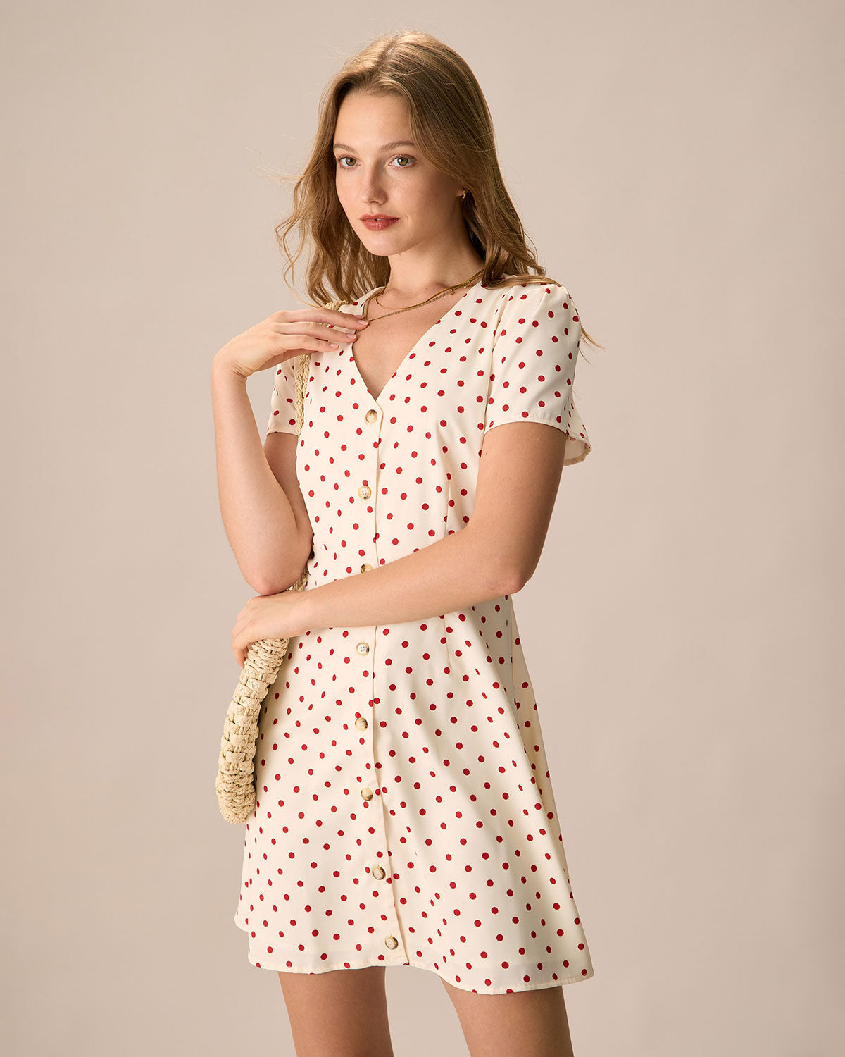 The Beige Polka Dot Button Mini Dress & Reviews - Beige - Dresses