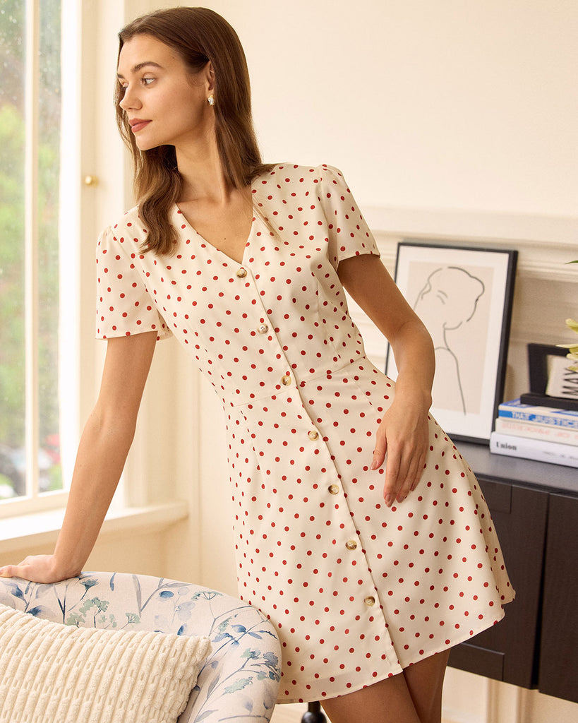 The Beige Polka Dot Button Mini Dress Dresses - RIHOAS