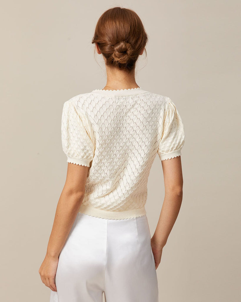 The Beige Puff Sleeve Pointelle Knit Top Tops - RIHOAS