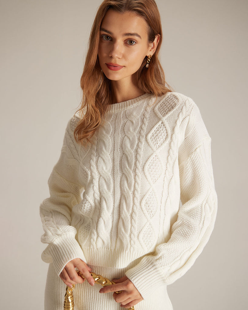 The Beige Round Neck Cable Sweater Beige Tops - RIHOAS