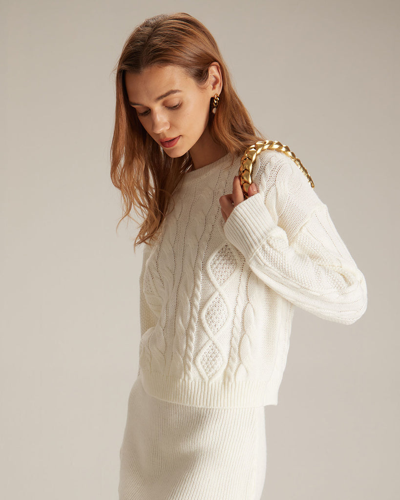 The Beige Round Neck Cable Sweater Tops - RIHOAS