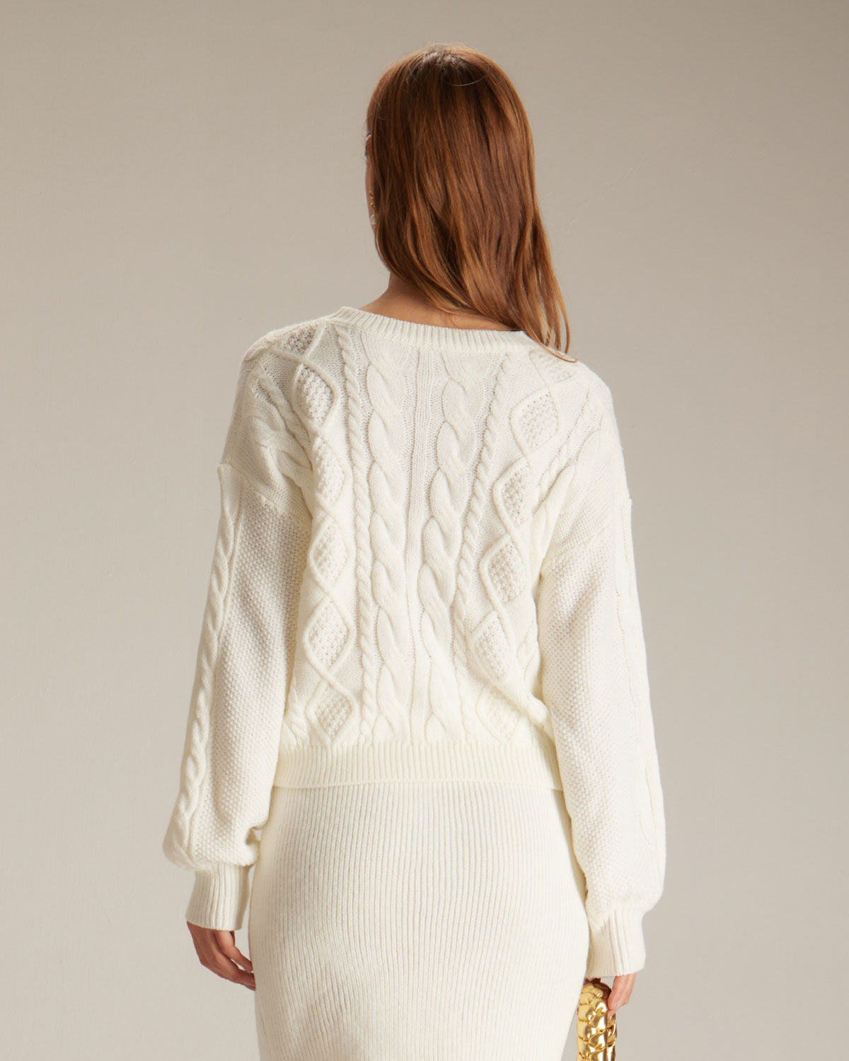 The Beige Round Neck Cable Sweater Tops - RIHOAS
