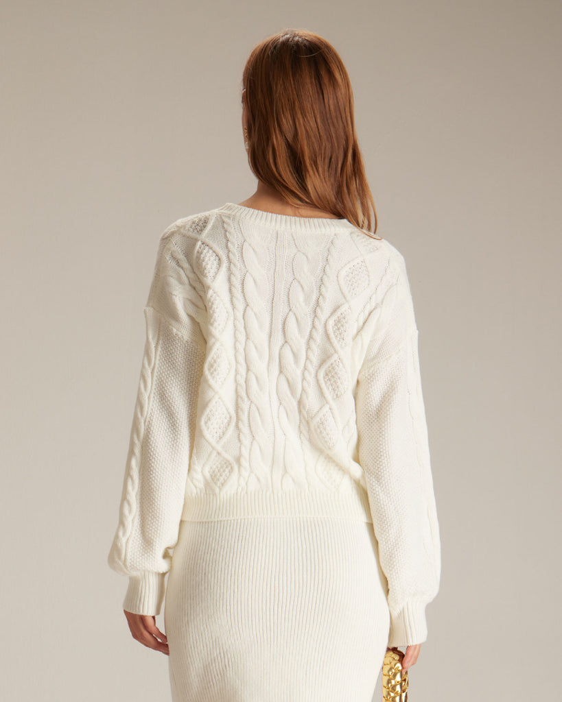The Beige Round Neck Cable Sweater Tops - RIHOAS