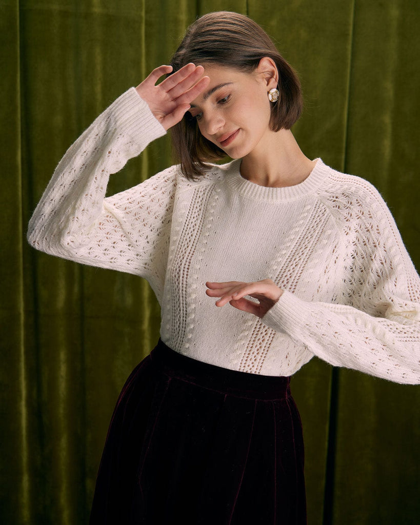 The Beige Round Neck Pointelle Sweater Tops - RIHOAS