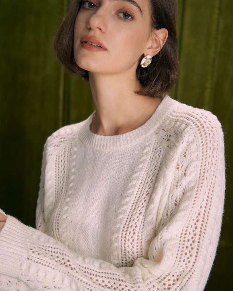 The Beige Round Neck Pointelle Sweater Tops - RIHOAS