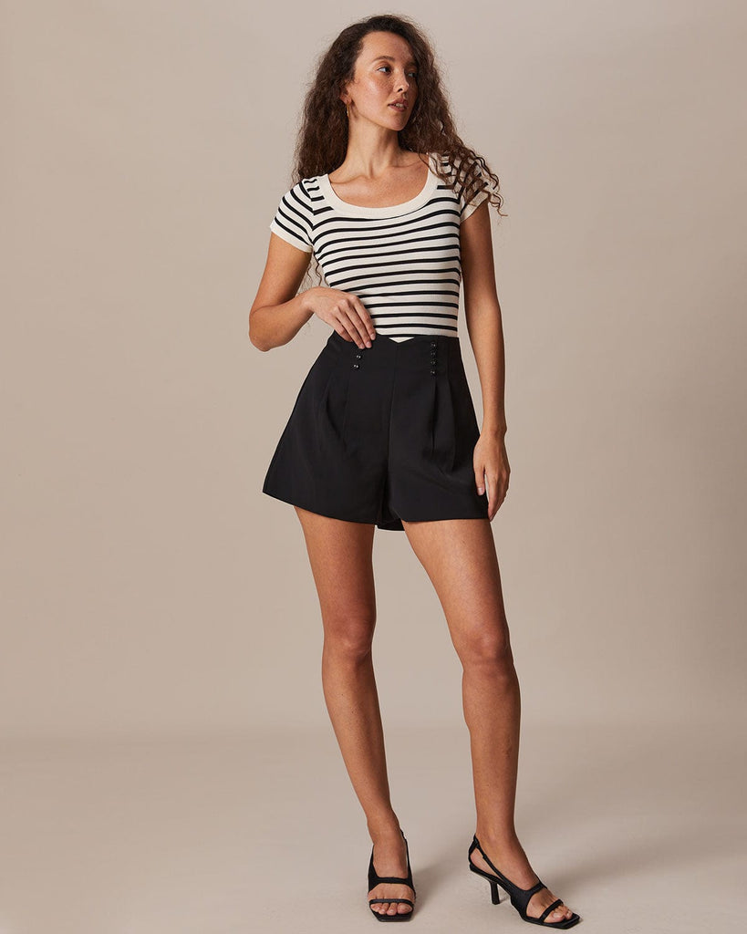 The Beige Round Neck Striped Knit Tee Tops - RIHOAS