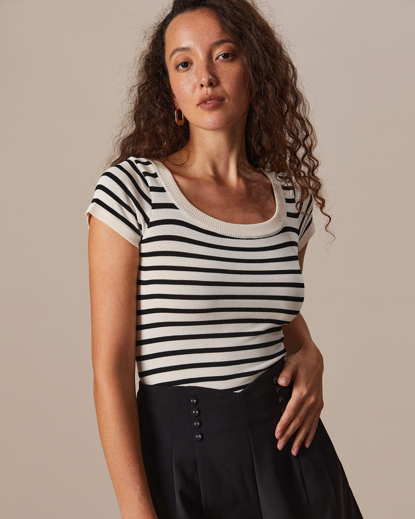 The Beige Round Neck Striped Knit Tee Tops - RIHOAS