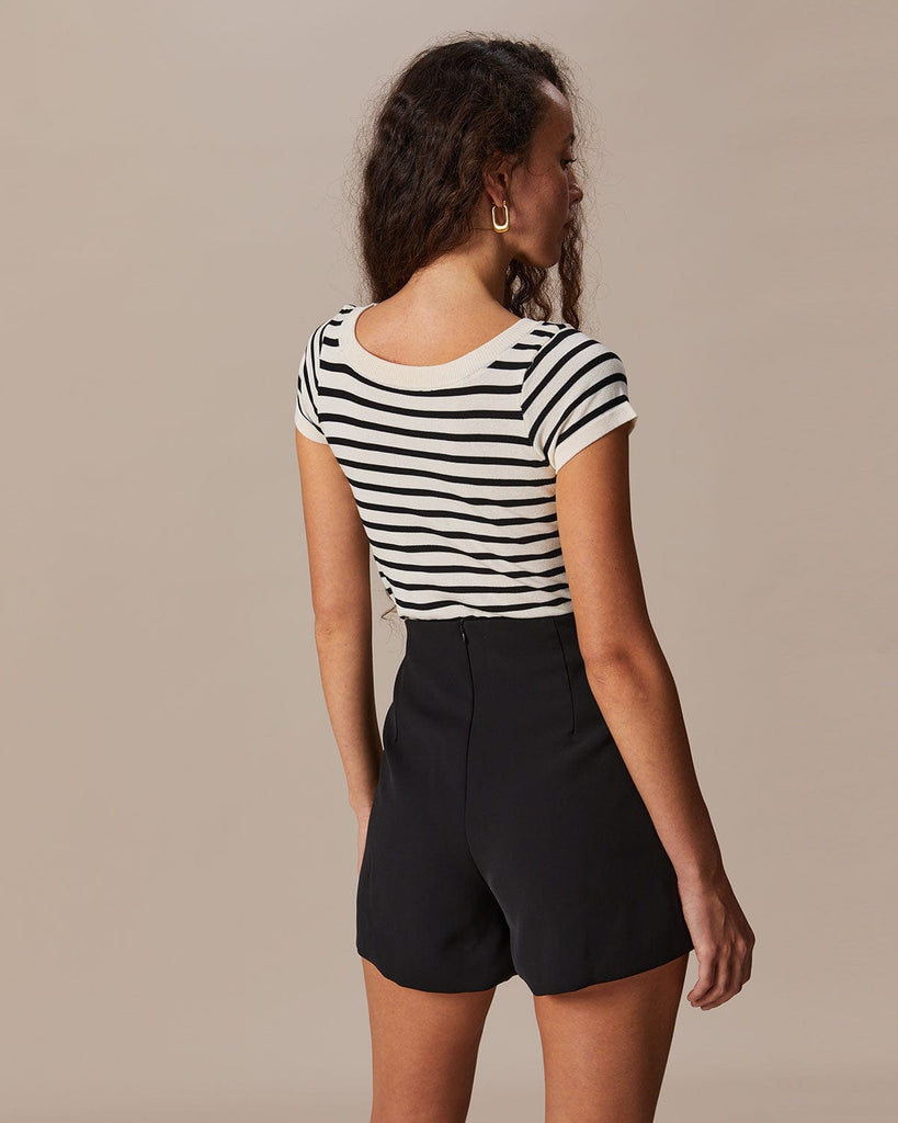 The Beige Round Neck Striped Knit Tee Tops - RIHOAS