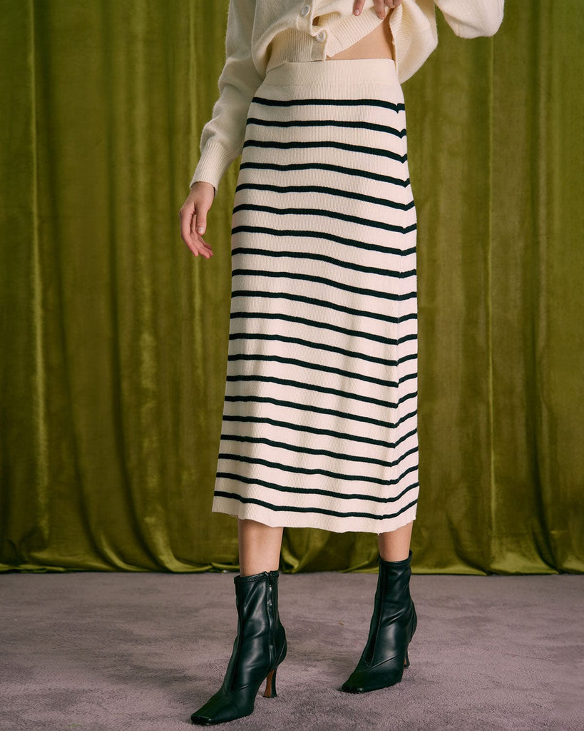 The Beige Striped Knit Midi Skirt Beige Bottoms - RIHOAS