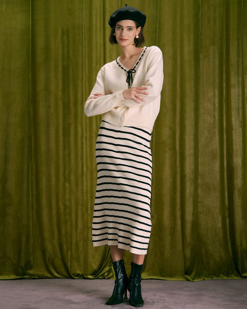 The Beige Striped Knit Midi Skirt Bottoms - RIHOAS