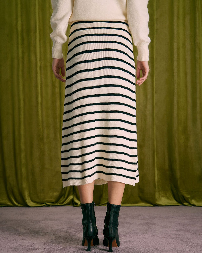 The Beige Striped Knit Midi Skirt Bottoms - RIHOAS