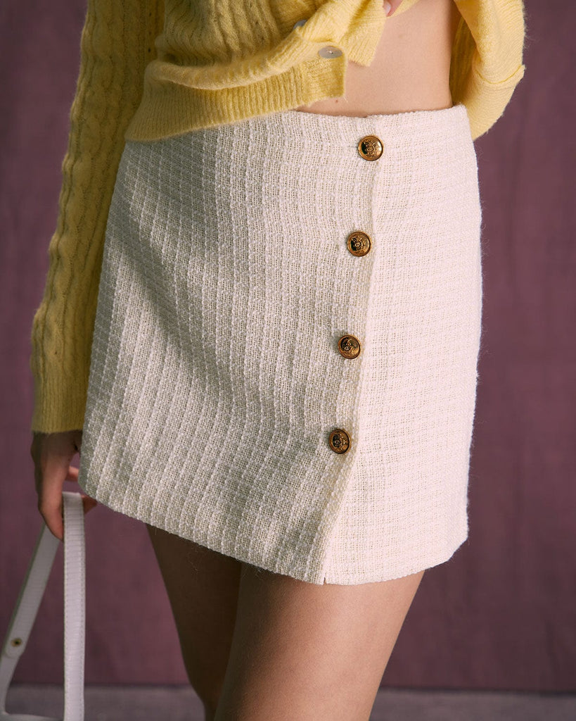The Beige Tweed Button Mini Skirt Bottoms - RIHOAS
