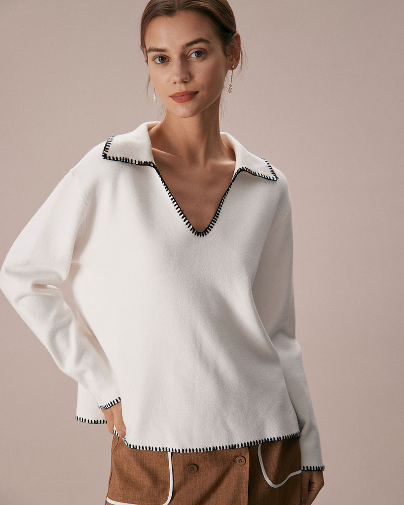 The Beige V-Neck Contrast Stitch Sweater Beige Tops - RIHOAS