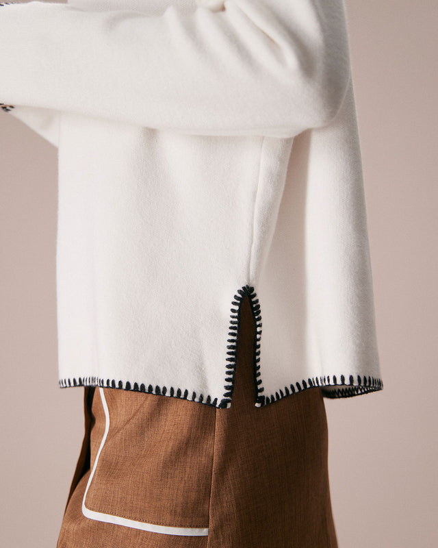 The Beige V-Neck Contrast Stitch Sweater Tops - RIHOAS