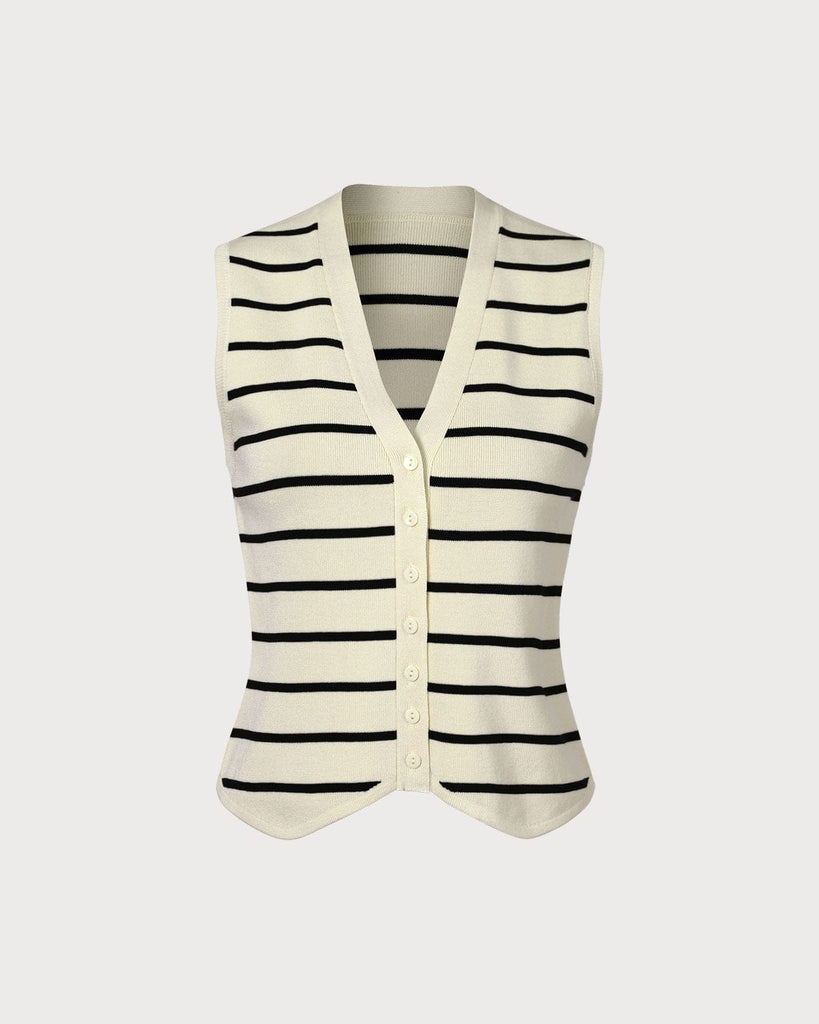 The Beige V-Neck Striped Vest Beige Tops - RIHOAS