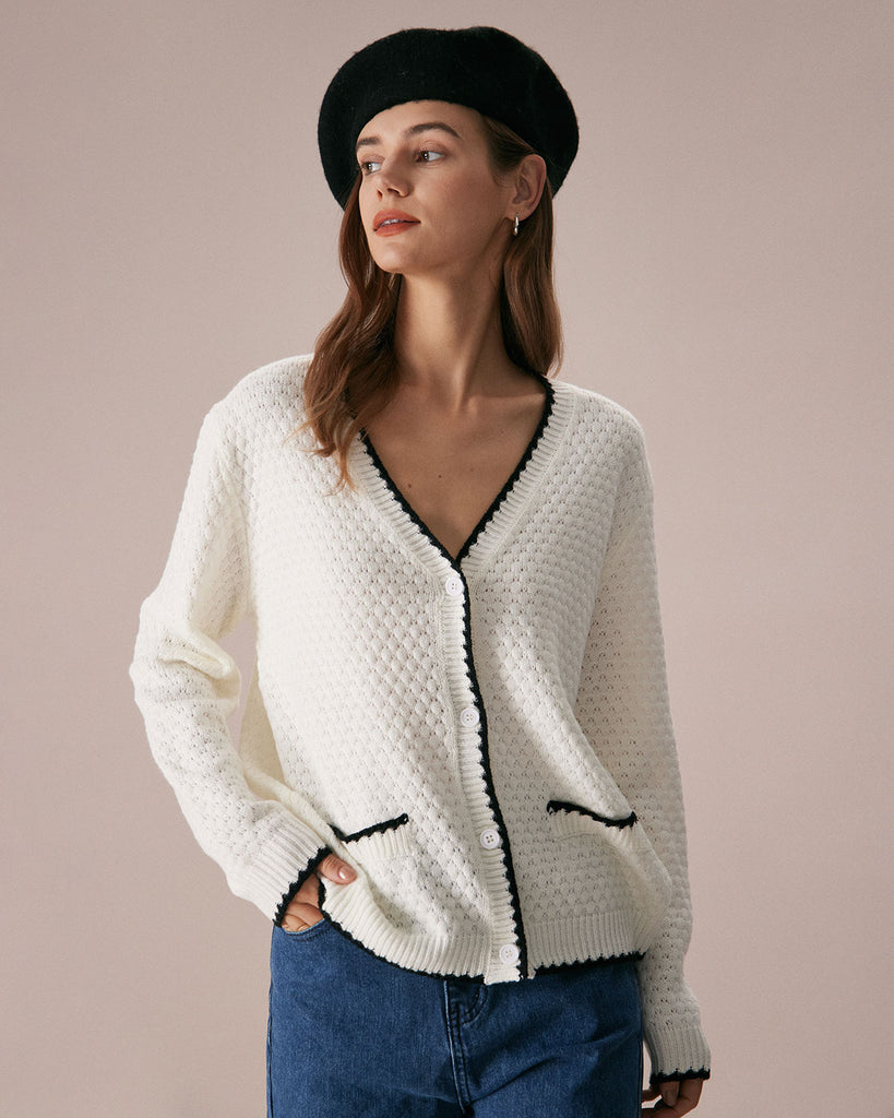 The Beige V Neck Pointelle Cardigan Beige Tops - RIHOAS