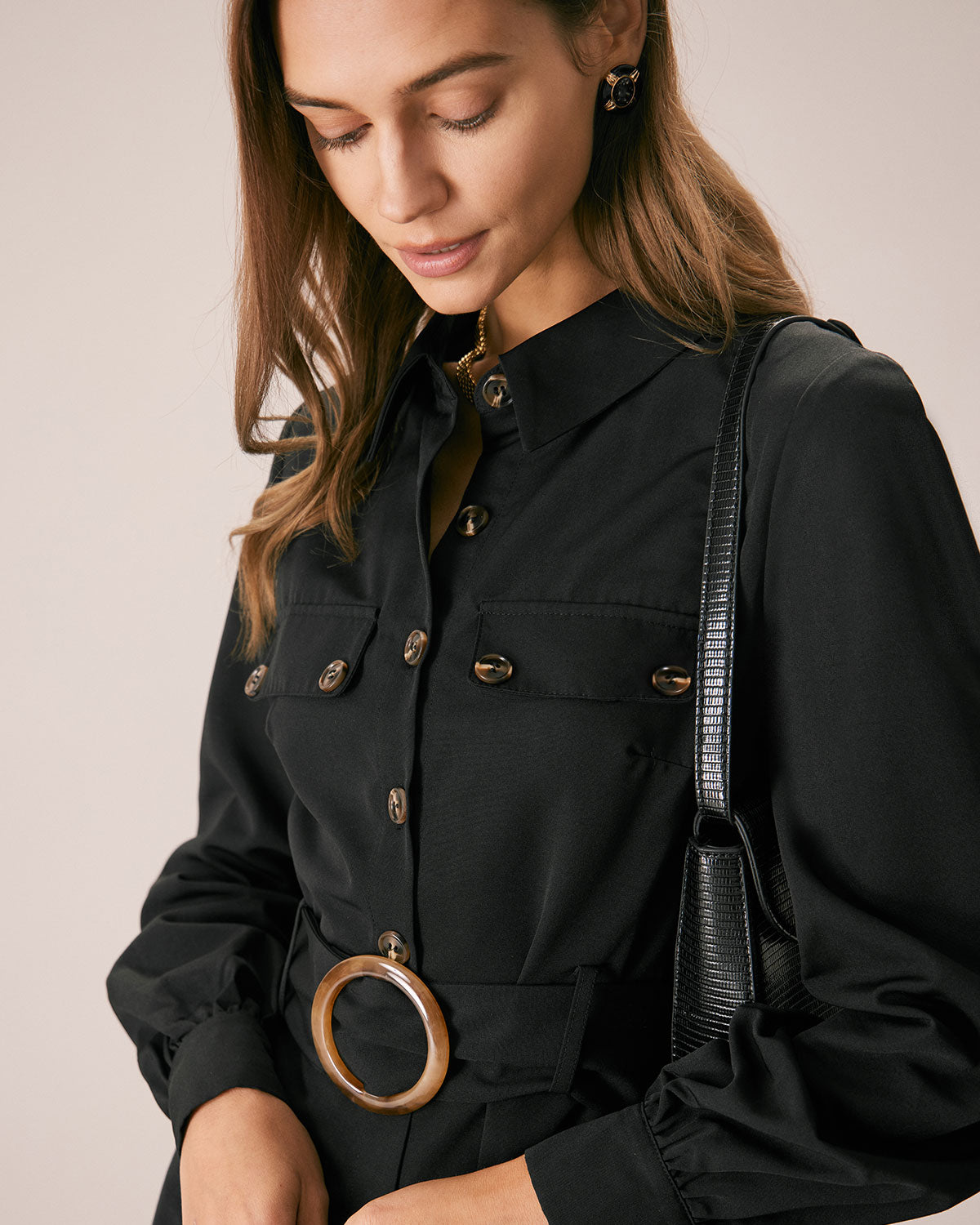 The Black Belted Button-Down Shirt Midi Dress & Reviews - Black ...