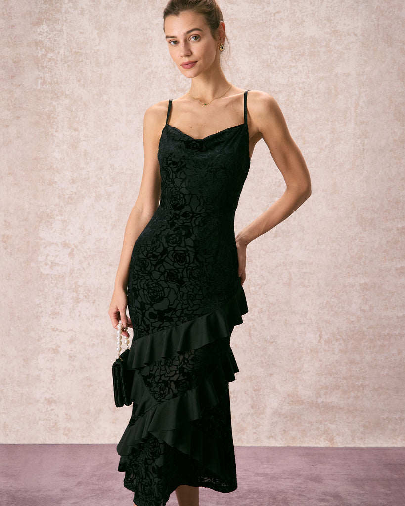 The Black Burnout Ruffle Maxi Dress Black Dresses - RIHOAS
