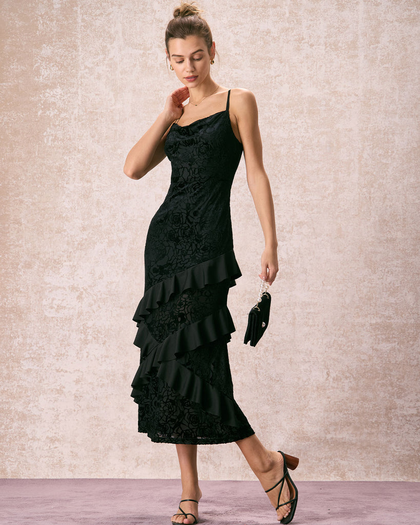 The Black Burnout Ruffle Maxi Dress Dresses - RIHOAS