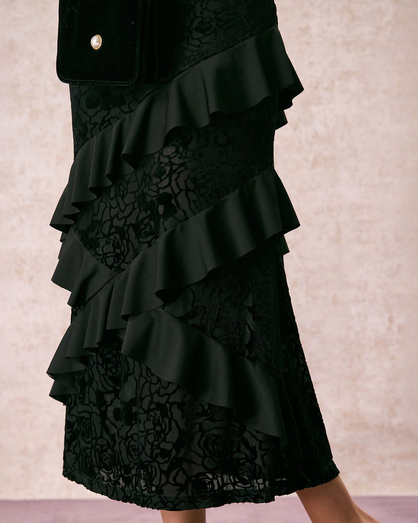 The Black Burnout Ruffle Maxi Dress Dresses - RIHOAS