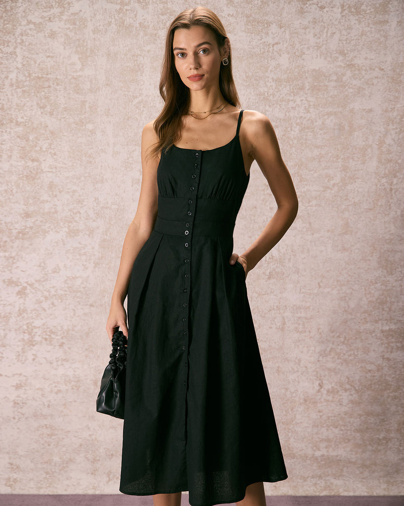 The Black Button Front Slit Dress Black Dresses - RIHOAS