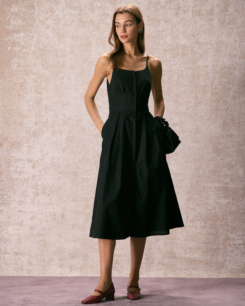 The Black Button Front Slit Dress Dresses - RIHOAS