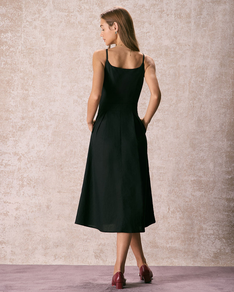 The Black Button Front Slit Dress Dresses - RIHOAS