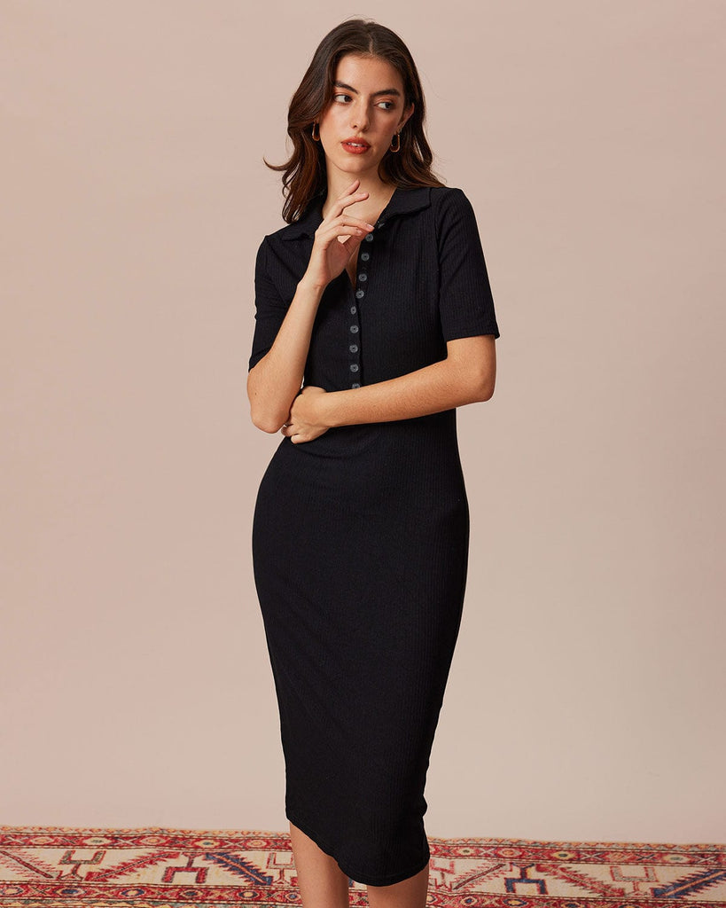 The Black Button Knit Midi Dress Dresses - RIHOAS
