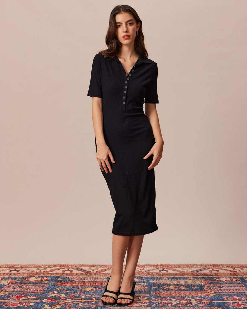 The Black Button Knit Midi Dress Dresses - RIHOAS