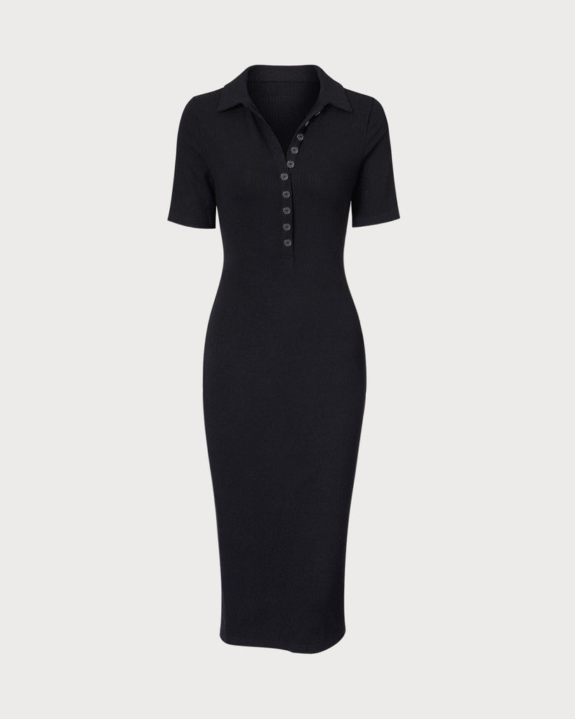 The Black Button Knit Midi Dress Dresses - RIHOAS